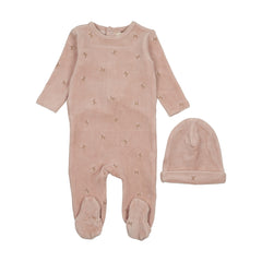 Mema Knits Dusty Light Pink / Rose Dust Cherries Velour Scattered Cherries Footie + Beanie (M422)