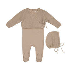 Mema Knits Beige Mélange Embroidered Edge Knit Sweater And Bonnet + Base Footie (M428)