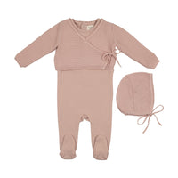 Mema Knits Pale Pink Embroidered Edge Knit Sweater And Bonnet + Base Footie (M428)