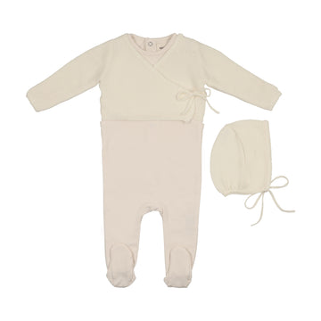 Mema Knits Ivory Embroidered Edge Knit Sweater And Bonnet + Base Footie (M428)