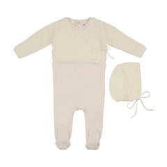 Mema Knits Ivory Embroidered Edge Knit Sweater And Bonnet + Base Footie (M428)