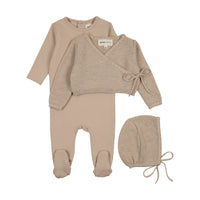 Mema Knits Beige Mélange Embroidered Edge Knit Sweater And Bonnet + Base Footie (M428)