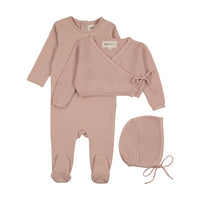 Mema Knits Pale Pink Embroidered Edge Knit Sweater And Bonnet + Base Footie (M428)