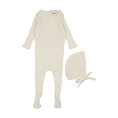 Mema Knits Ivory Pointelle Knit Footie + Bonnet (M430)