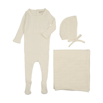 Mema Knits Ivory Pointelle Knit Three Piece Set (M430-3Pc)