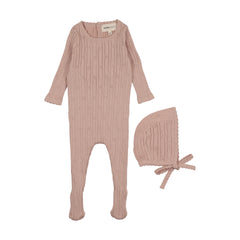 Mema Knits Pale Pink Pointelle Knit Footie + Bonnet (M430)