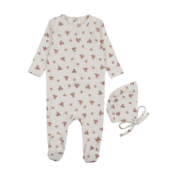 Mema Knits White Floral Floral Printed Footie + Bonnet (M440)