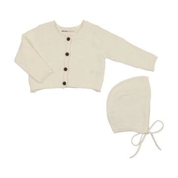 Mema Knits Ivory Cropped Knit Cardigan + Bonnet (M446)