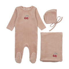 Mema Knits Pale Pink / Red Cherry Velour Embroidered Cherry 3pc Set M449-3pc