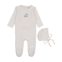 Mema Knits Winter White / Taupe Cherry Velour Embroidered Cherry Footie + Bonnet (M449)