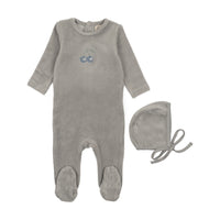 Mema Knits Misty Blue / Blue Cherry Velour Embroidered Cherry Footie + Bonnet (M449)