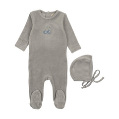 Mema Knits Misty Blue / Blue Cherry Velour Embroidered Cherry Footie + Bonnet (M449)