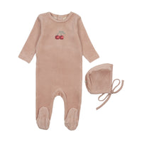 Mema Knits Pale Pink / Red Cherry Velour Embroidered Cherry Footie + Bonnet (M449)