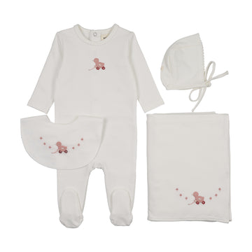 Mema Knits Winter White / Pink Duck Embroidered Duck Four Piece Set (Including Bib) (M454-4Pc)