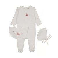 Mema Knits Winter White / Pink Duck Embroidered Duck Footie + Bonnet + Bib (M454)