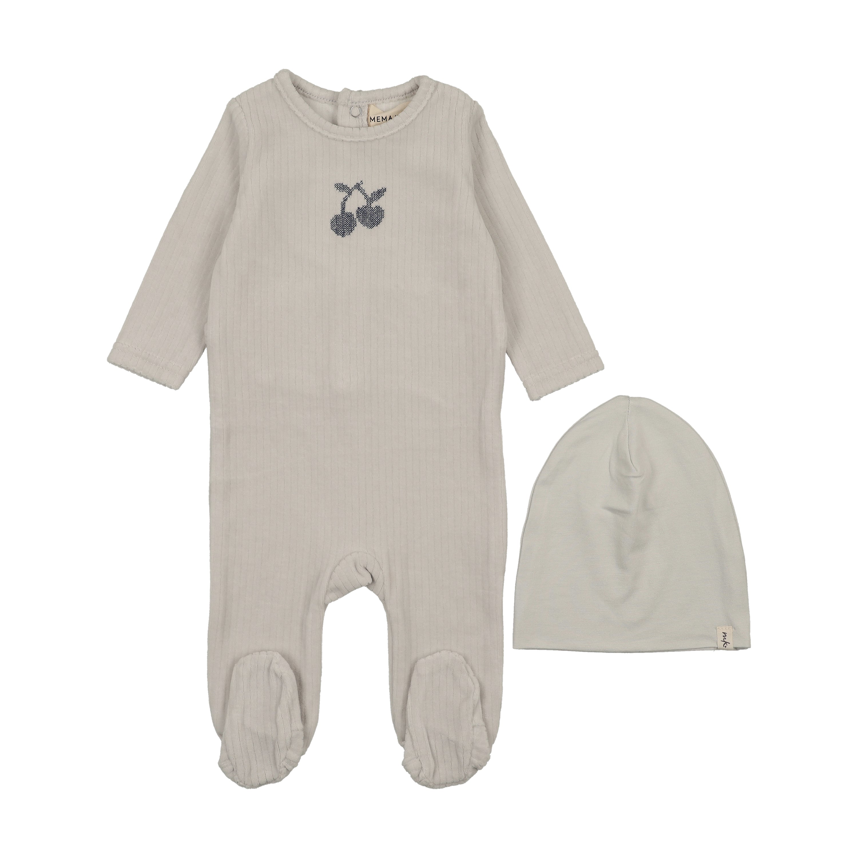 Mema Knits - Embroidered Cherry Footie + Beanie - Ice Blue - Blue Wing