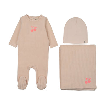Mema Knits - Embroidered Cherry Three Piece Set - Baby Blush - Neon Pink Cherry