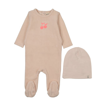 Mema Knits - Embroidered Cherry Footie + Beanie - Baby Blush - Neon Pink Cherry
