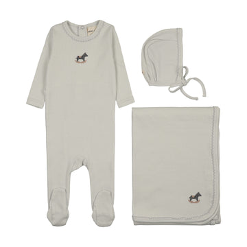 Mema Knits - Pointelle Embroidered Horse Rocker Three Piece Set - Ice Blue