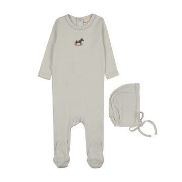 Mema Knits - Pointelle Embroidered Horse Rocker Footie + Bonnet - Ice Blue