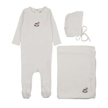 Mema Knits - Pointelle Embroidered Horse Rocker Three Piece Set - Winter White