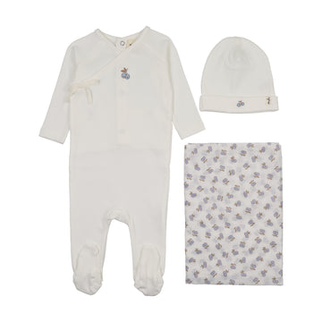 Mema Knits - Cherry Print Mock Wrap Three Piece Set - Winter White + Light Blue Cherry