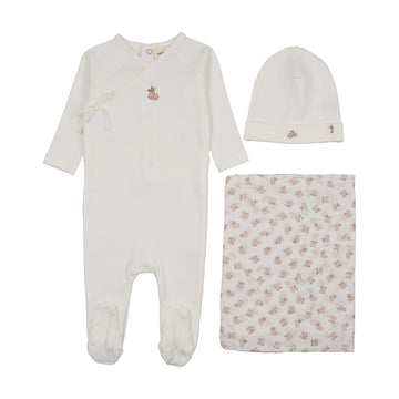 Mema Knits - Cherry Print Mock Wrap Three Piece Set - Winter White + Pink Cherry
