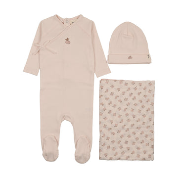 Mema Knits - Cherry Print Mock Wrap Three Piece Set - Baby Blush + Pink Cherry