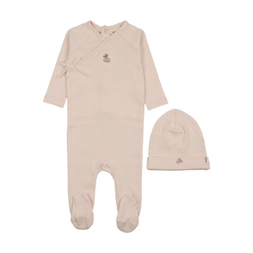 Mema Knits - Cherry Print Mock Wrap Footie + Beanie - Baby Blush + Pink Cherry