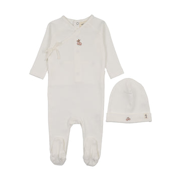 Mema Knits - Cherry Print Mock Wrap Footie + Beanie - Winter White + Pink Cherry