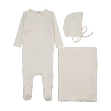 Mema Knits - Mock Wrap Pointelle Three Piece Set - Ivory - Hearts