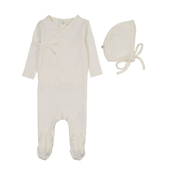 Mema Knits - Mock Wrap Pointelle Footie + Bonnet - Ivory - Stars