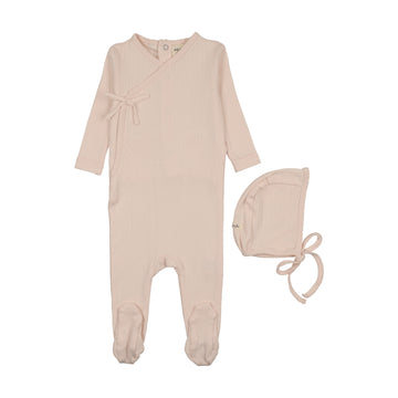 Mema Knits - Mock Wrap Pointelle Footie + Bonnet - Baby Blush