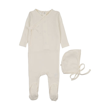 Mema Knits - Mock Wrap Pointelle Footie + Bonnet - Ivory - Hearts
