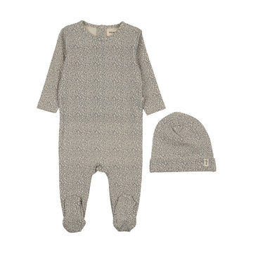 Mema Knits - Leaf Printed Footie + Bonnet - Blue Leaf Print