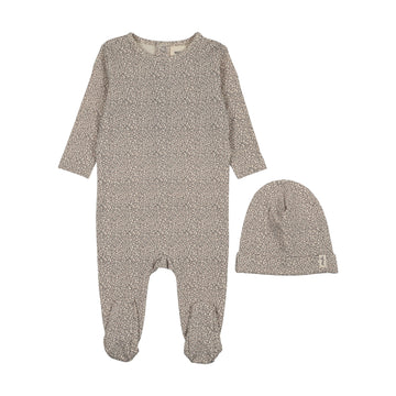 Mema Knits - Leaf Printed Footie + Bonnet - Soft Pink Leaf Print