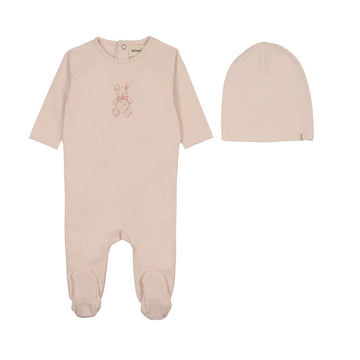 Mema Knits - Vintage Bunny Print Footie + Beanie - Baby Blush - Pink