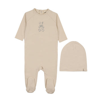 Mema Knits - Vintage Bunny Print Footie + Beanie - Light Beige - Blue