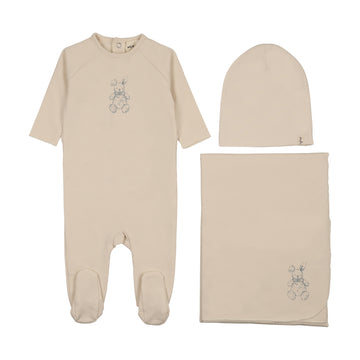 Mema Knits - Vintage Bunny Print Three Piece Set - Light Beige - Blue