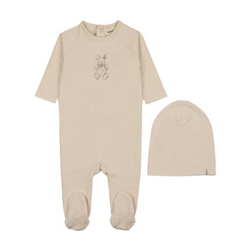 Mema Knits - Vintage Bunny Print Footie + Beanie - Light Beige - Otter