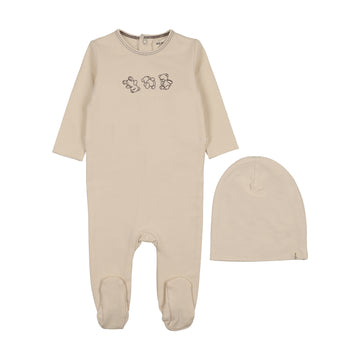 Mema Knits - Embroidered Stitch Teddy Footie + Beanie - Light Beige - Otter Stitching