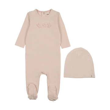Mema Knits - Embroidered Stitch Teddy Footie + Beanie - Baby Blush - Pink Stitching