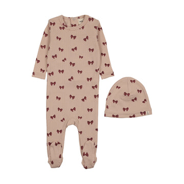 Mema Knits - Bow Printed Footie + Beanie - Burgundy Bow Print