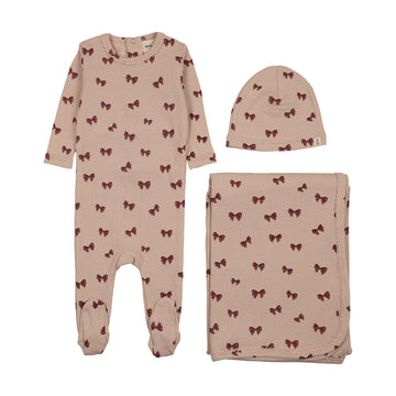 Mema Knits - Bow Printed Three Piece Set - Burgundy Bow Print
