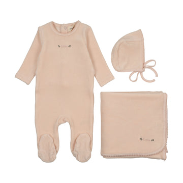 Mema Knits - Velour Embroidered Three Piece Set - Baby Blush