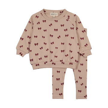 Mema Knits - Bow Print Sweatshirt Set - Burgundy Bow Print