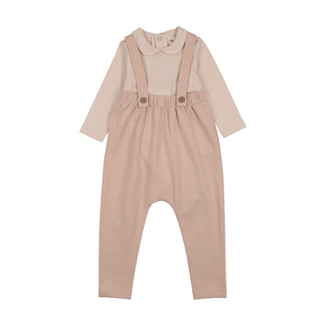 Mema Knits - Striped Collared Onesie + French Terry Overall Set - Pale Rose