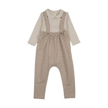 Mema Knits - Striped Collared Onesie + French Terry Overall Set - Beige Melange