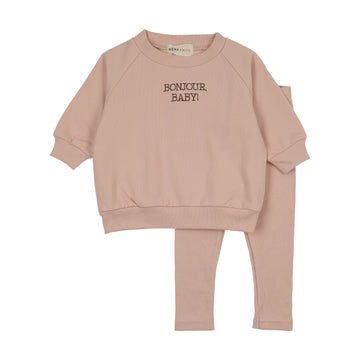 Mema Knits - Bonjour Baby Stitched Sweatshirt Set - Pale Rose + Otter Stitching