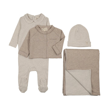 Mema Knits - Striped Collared Footie + Cardigan Four Piece Set - Beige Melange